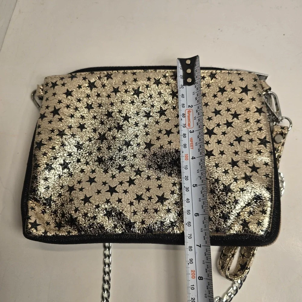 Bari‎ Lynn Gold Black Star Print Chain Strap Wristlet Clutch Handbag